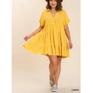 Umgee Linen Ruffle Tiered Frayed Dress M